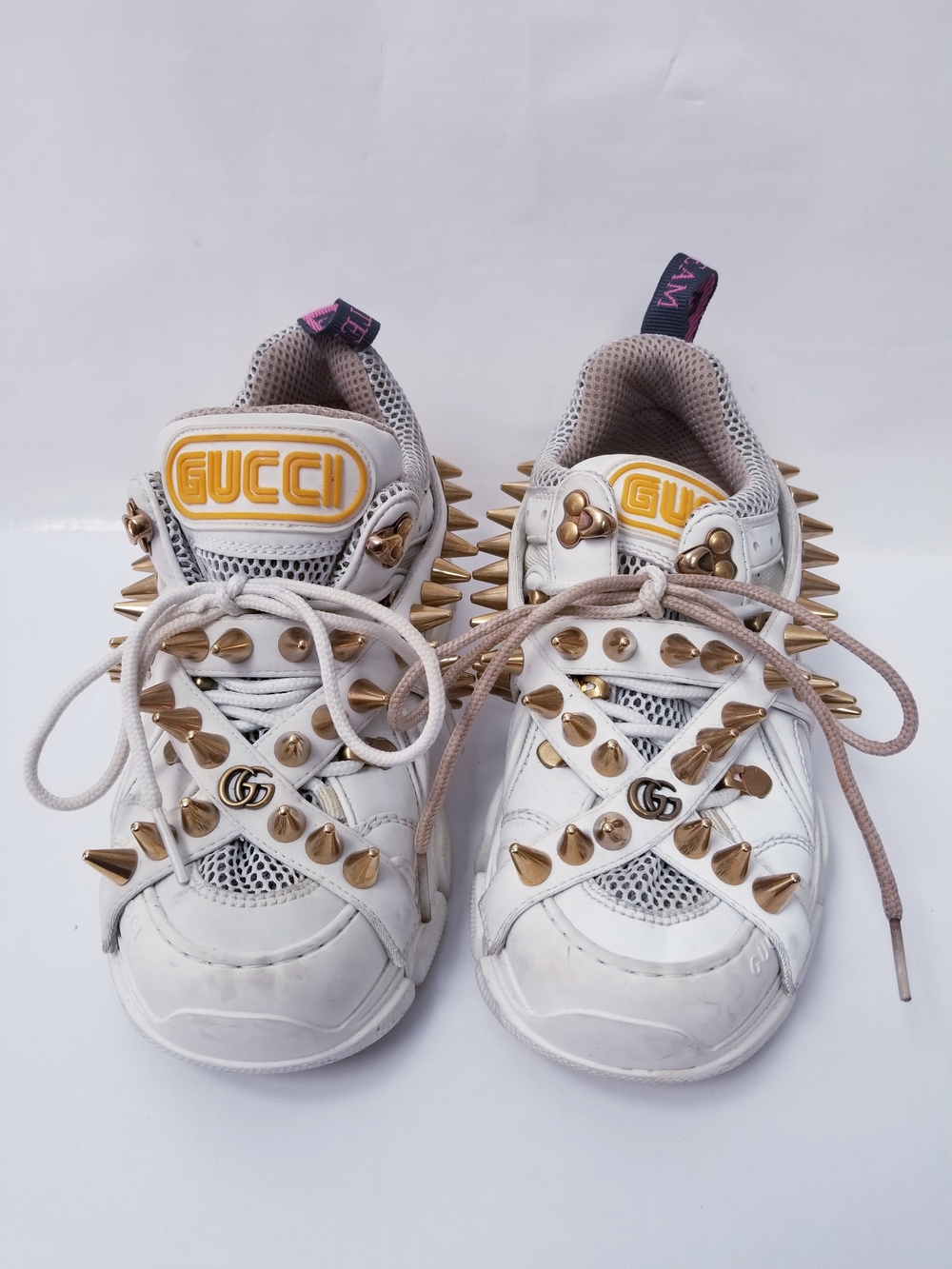 Gucci White Sneakers with Gold Spike Accents